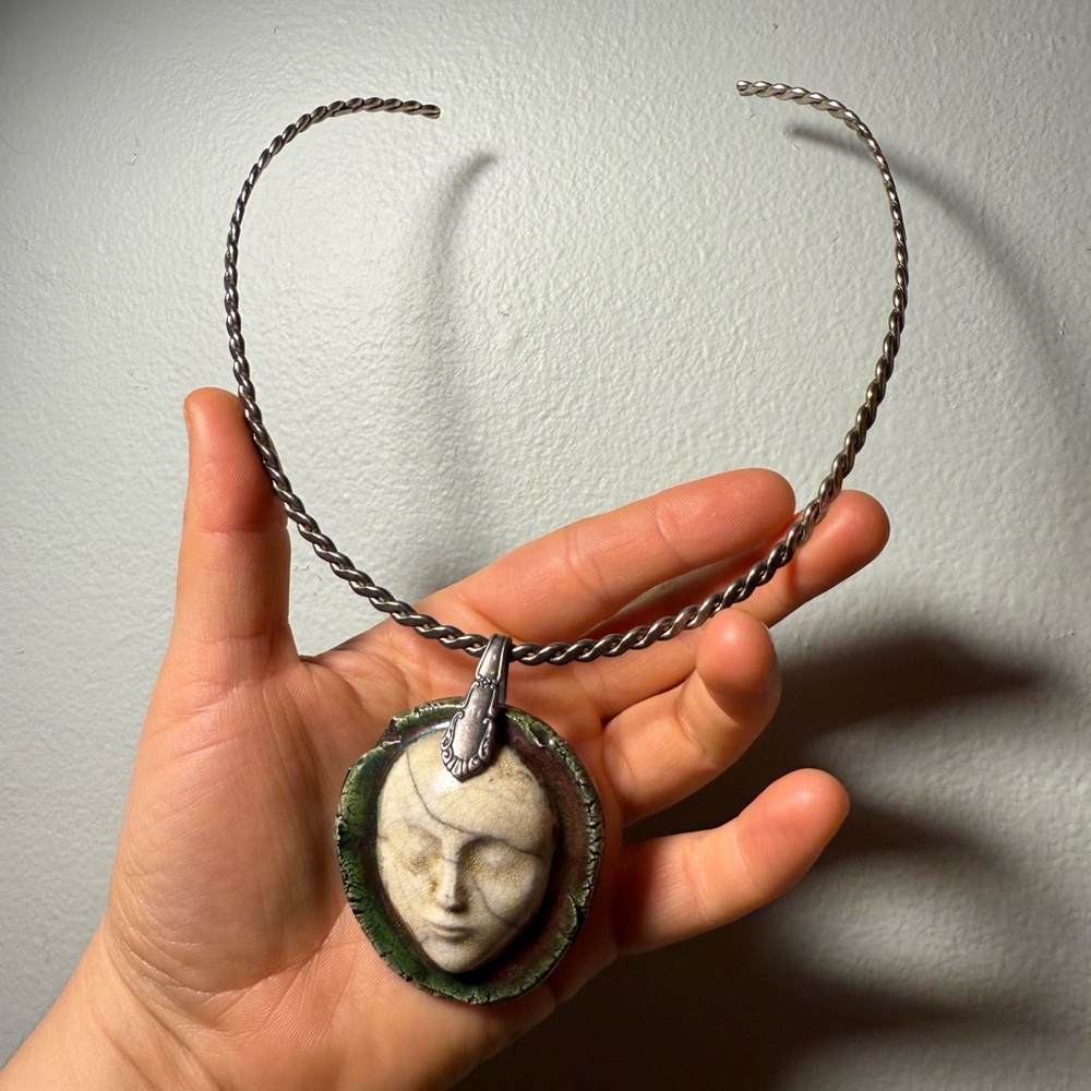 Handmade Ceramic Face Pendant and Cuff Necklace